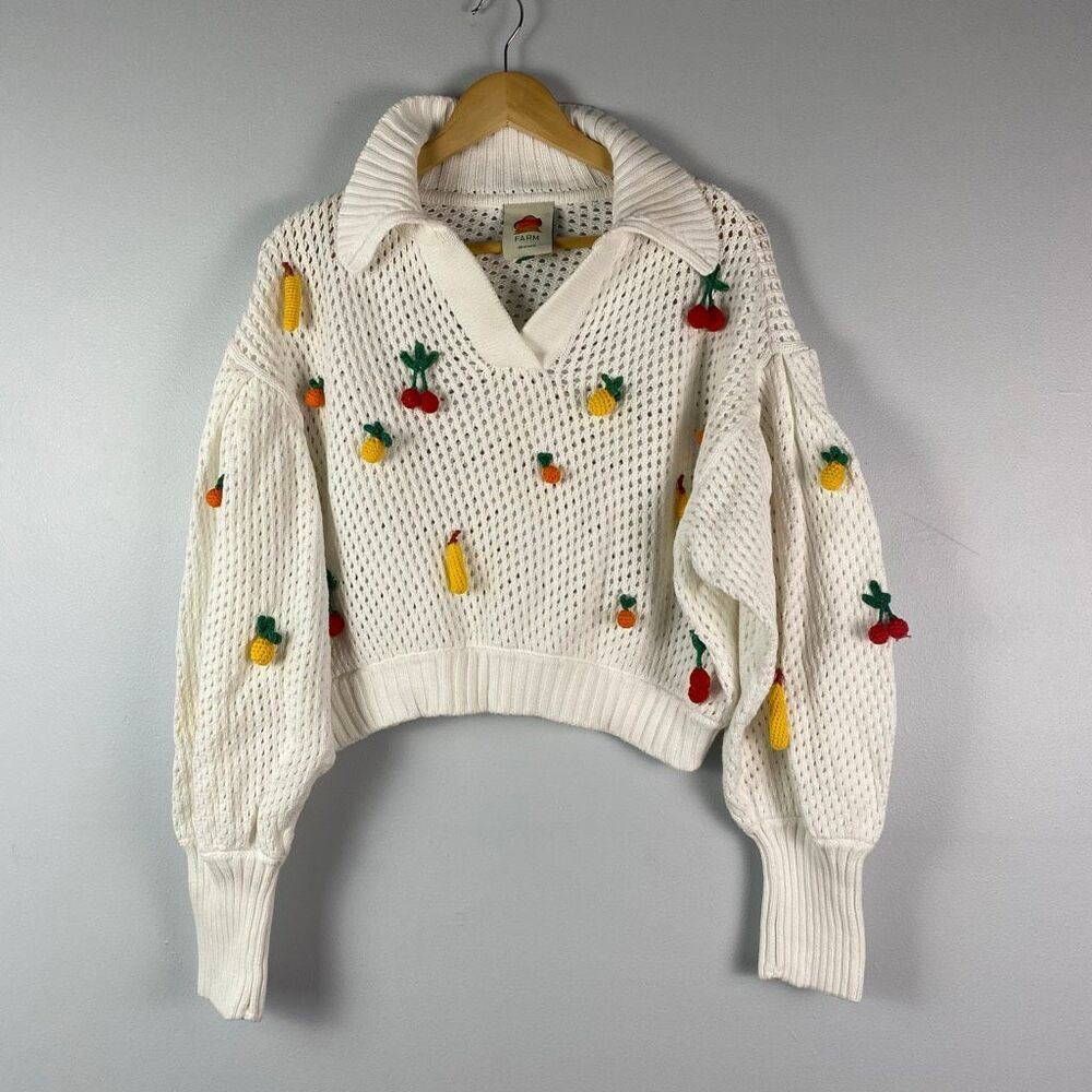 Farm Rio Off-White Crochet 3D Fruit Polo Knit Sweater Top - Picture 4 of 10